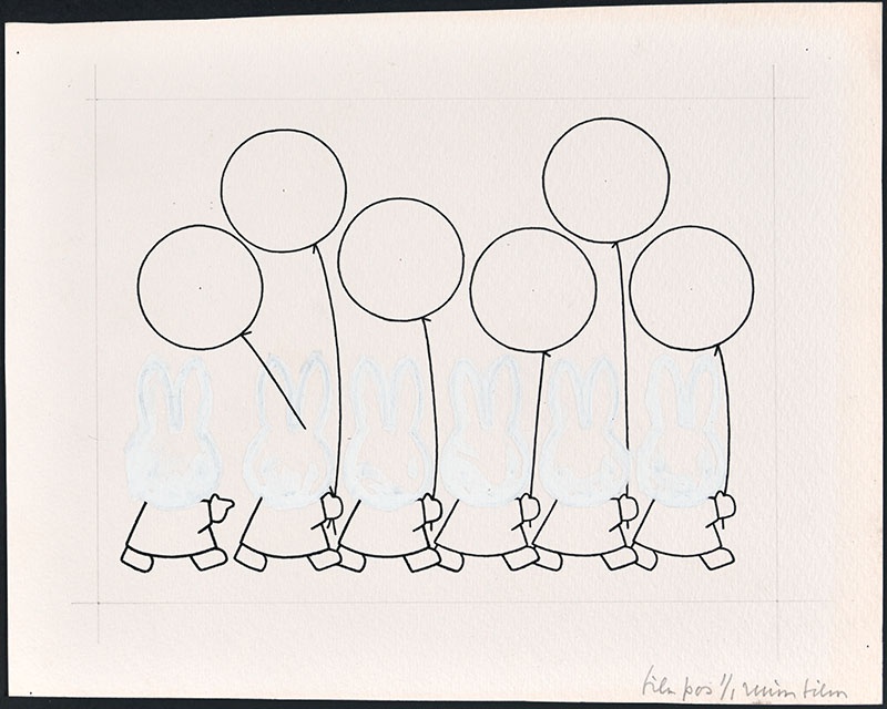 zes x  een figuur die achter elkaar lopen met een ballon in de hand