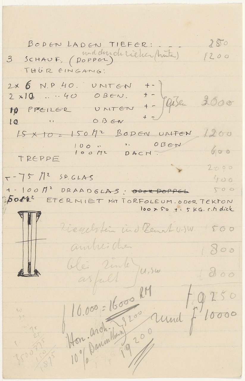 Tekeningen, berekeningen en tekst over verbouwing winkel Gonsenheimer, Kleef, Duitsland (1929)