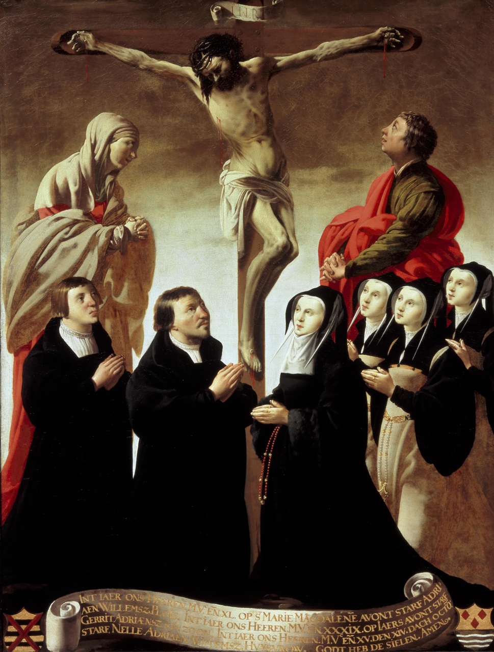 De kruisiging met Maria, Johannes en leden van de familie van Adriaen Willemsz. Ploos