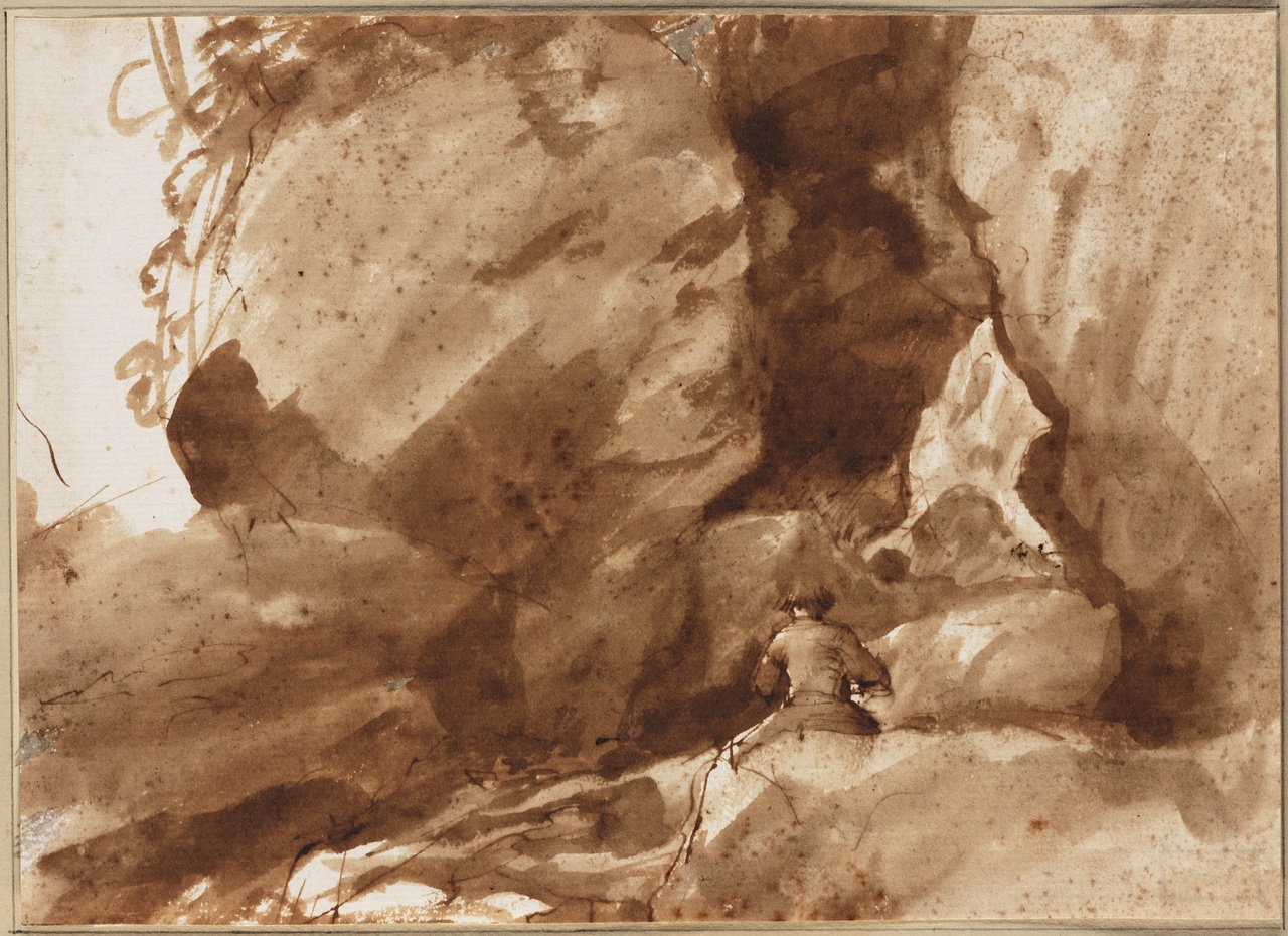 5/6 - Claude Lorrain, Tekenaar voor de Grot van Neptunus in Tivoli, ca. 1640. pen in bruine inkt, penseel in bruin, wassing. Teylers Museum, Haarlem, inv.nr. L 022